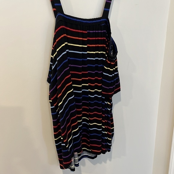 Lane Bryant Rainbow Stripe Cold Shoulder Swing Top Black Short Sleeve NWT - Picture 5 of 6